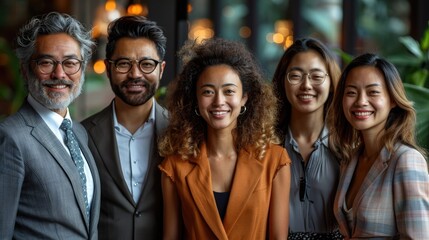 Obraz premium Smiling group of five diverse business professionals standing together, exuding confidence and positivity, captured in a modern office with natural light and greenery.