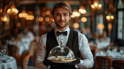 A professional waiter dressed in formal attire, including a bow tie and white gloves, presenting a gourmet dish at an elegant restaurant with warm, ambient lighting in the background.