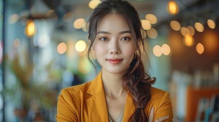 Obraz premium A young woman with a gentle smile, dressed in a yellow blazer, poses confidently in a modern cafe environment with blurred, warm lights creating a cozy atmosphere.