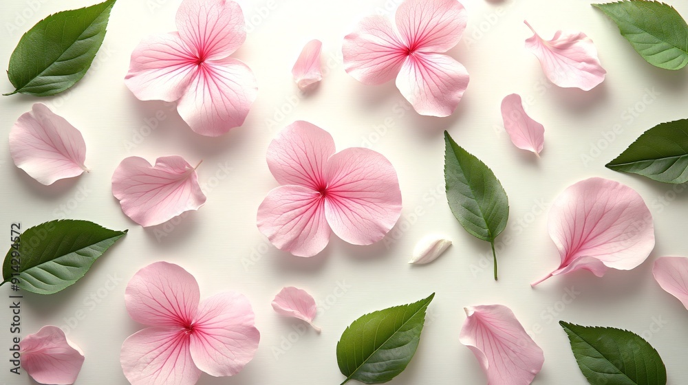 Poster detailed minimal flat lay of leaves and flowers in pastel tones with clean lines for an elegant and 