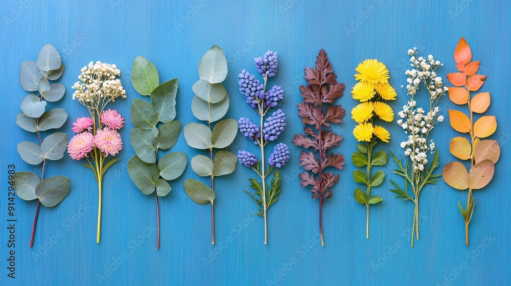 Poster High-detail flat lay composition of pastel-colored leaves and flowers arranged with clean lines to create a minimal and sophisticated look Stock Photo with copy space