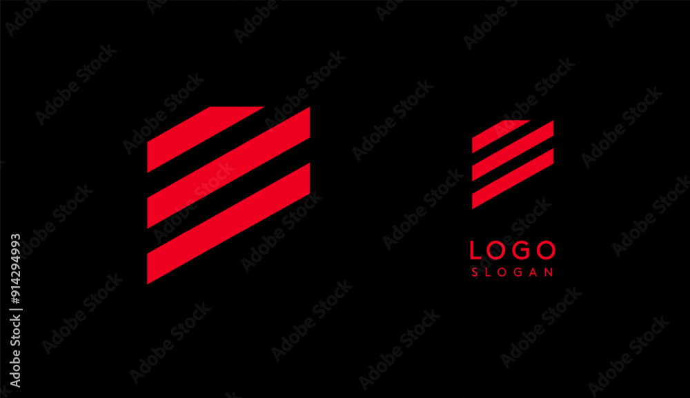 Poster abstract red geometric letter e with parallel lines. stripes modern logotype concept, futuristic des