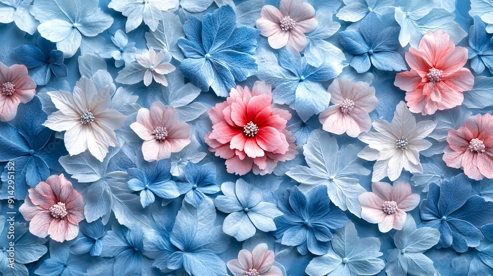 Poster high-detail flat lay composition of pastel-colored leaves and flowers arranged with clean lines to c