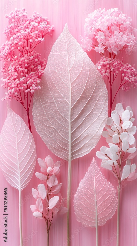 Poster high-detail flat lay of leaves and flowers in pastel tones arranged with clean lines to create a min