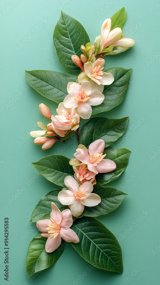 Poster high-detail flat lay of leaves and flowers in pastel tones arranged with clean lines to create a min