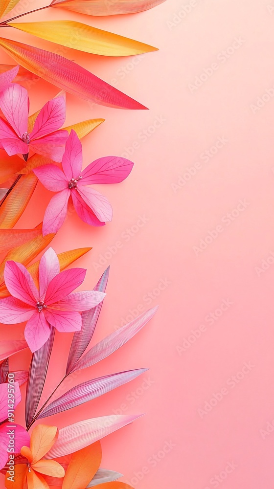 Poster detailed minimal flat lay featuring pastel-toned leaves and flowers with precise clean lines for a r