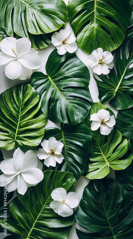 Poster flat lay of intricately detailed leaves and flowers in soft pastel colors presenting a minimal and c