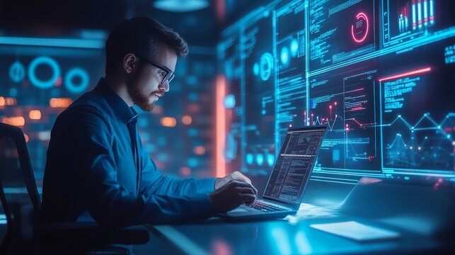 Data science digital technology concept. Computer science engineer programming on laptop at smart office