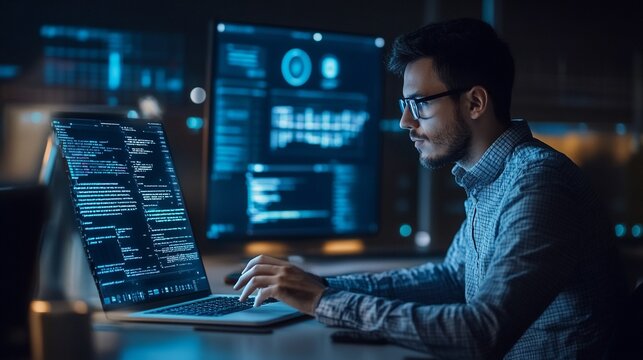 Data science digital technology concept. Computer science engineer programming on laptop at smart office