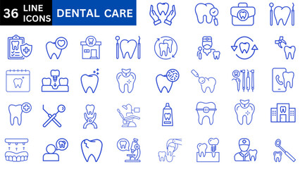 Dental Care icon set. Containing tooth, dentist, toothpaste, toothbrush, teeth, implant and dentistry icons. Solid icon collection. Vector illustration