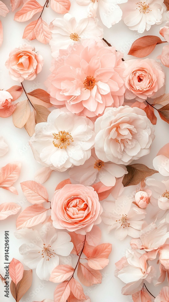 Poster detailed minimal flat lay of pastel-colored leaves and flowers with clean lines creating a modern an