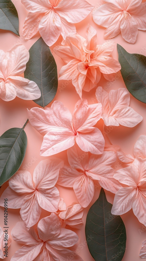 Poster Detailed minimal flat lay of pastel-colored leaves and flowers with clean lines creating a modern and fresh design Stock Photo with copy space