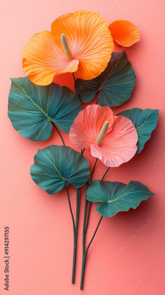 Poster detailed minimal flat lay of pastel-colored leaves and flowers with clean lines creating a modern an