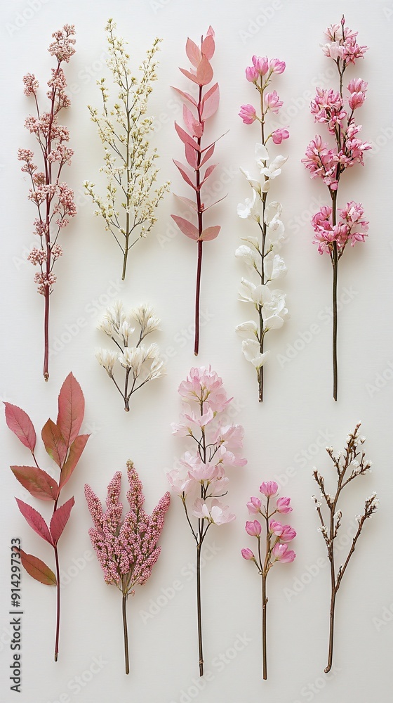 Poster Flat lay featuring intricate details of leaves and flowers in soft pastel colors with a minimalistic and clean-lined approach Stock Photo with copy space