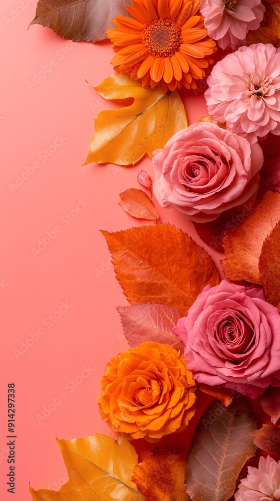 Poster high-detail flat lay of pastel-toned leaves and flowers arranged with precise clean lines for a mini