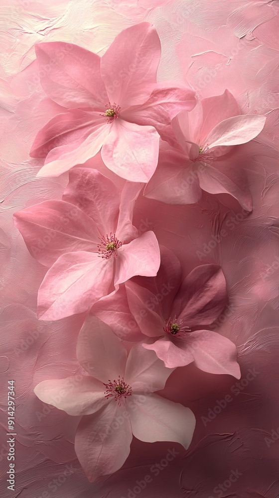 Poster high-detail flat lay of pastel-toned leaves and flowers arranged with precise clean lines for a mini