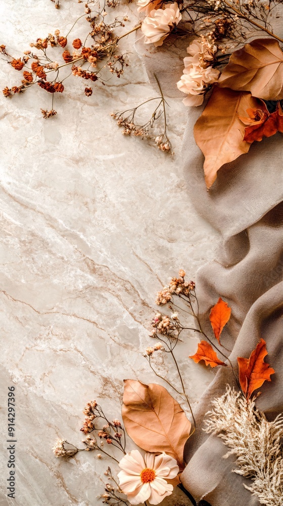 Poster Flat lay featuring intricate details of leaves and flowers in soft pastel colors with a minimalistic and clean-lined approach Stock Photo with copy space
