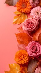 Obraz premium High-detail flat lay of pastel-toned leaves and flowers arranged with precise clean lines for a minimal and stylish composition Stock Photo with copy space