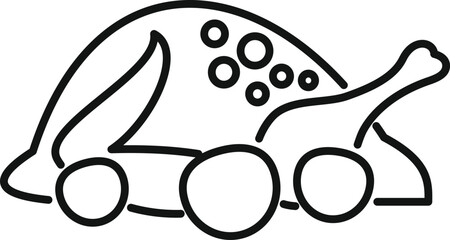 Line drawing of a whole roasted chicken with potatoes, perfect for recipe books or restaurant menus