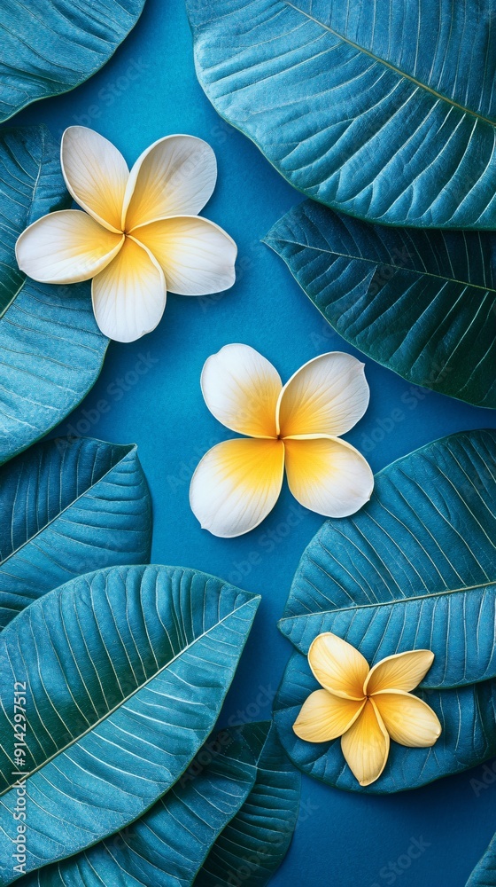 Poster high-detail flat lay composition of pastel-colored leaves and flowers arranged with clean lines to c