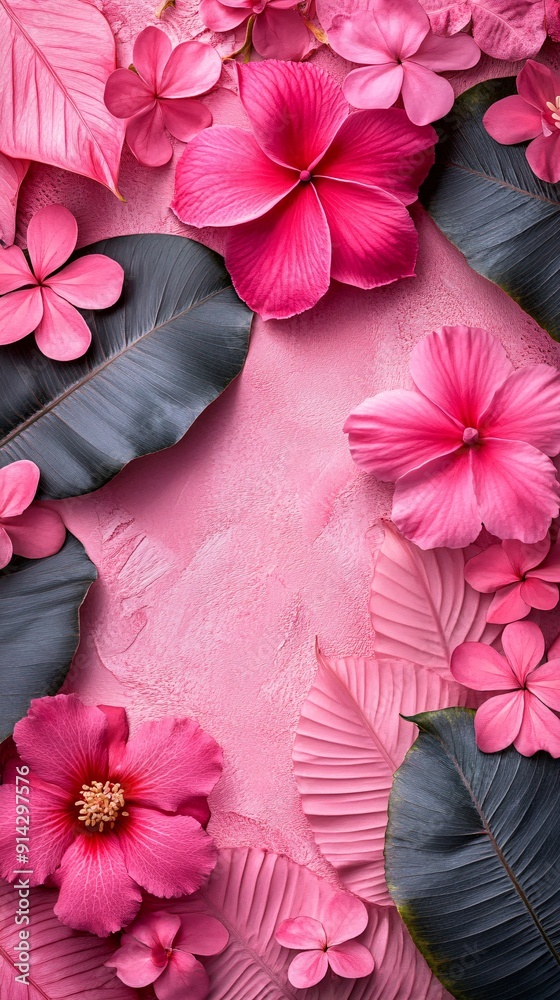 Poster High-detail flat lay composition of pastel-colored leaves and flowers arranged with clean lines to create a minimal and sophisticated look Stock Photo with copy space