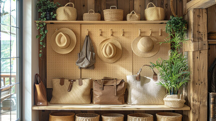 a wooden shelf with various woven baskets and bags, hats hanging on hooks