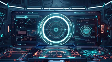 Fototapeta premium futuristic monitor screen interface, target aim control dashboard,crosshair display. HUD technology and space game UI virtual panel with shooting radar and target aim controls on screen