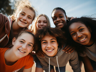Fototapeta premium Enthusiastic teens forming a star shape with their arms before a basketball game