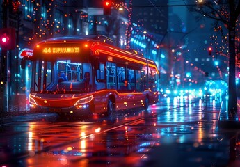 Obraz premium A red bus travels down a rainy street at night.