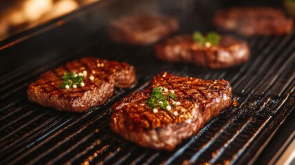 Thick cuts of steak sizzle on a charcoal grill, showcasing rich marbling and grill marks, while fresh herbs garnish the top.