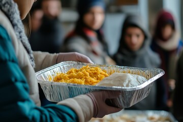 Community Volunteers Distributing Freshly Prepared Meals in a Warm Indoor Setting