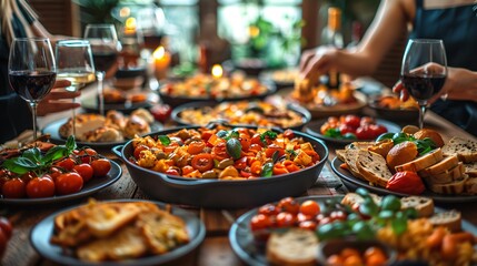 Obraz premium Friends gather around a beautifully arranged table filled with colorful dishes, enjoying a delightful meal as the sun sets outside