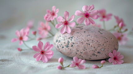 several smooth grey stones with soft pink flowers scattered around them.