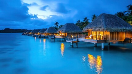 Obraz premium Luxurious bungalows on water in a tropical paradise at dusk