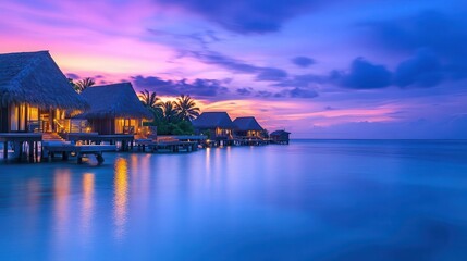 Obraz premium Luxurious overwater bungalows in a tropical paradise at dusk