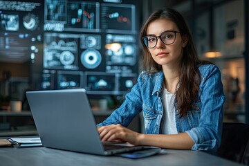 A focused woman working on a laptop in a modern office, surrounded by digital data displays and technology.