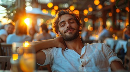Fototapeta premium A young man sits comfortably at an outdoor restaurant, enjoying the warm golden light and lively ambiance of the evening