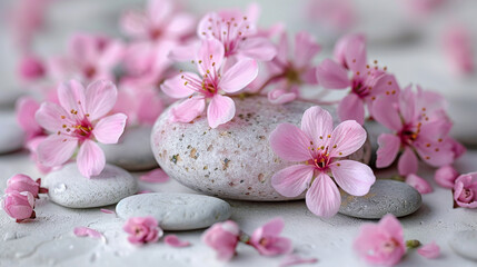 several smooth grey stones with soft pink flowers scattered around them.