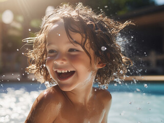 Fototapeta premium Little girl has fun spraying water in the swimming pool during summer