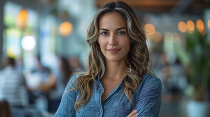 Obraz premium A confident woman with long hair stands smiling in a busy café, dressed in a blue shirt, surrounded by patrons enjoying their time