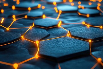 Fototapeta premium A close-up view of hexagonal patterns illuminated by glowing orange lines, showcasing a modern, abstract texture.