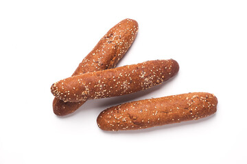 Rye buns, mini baguettes on a white background
