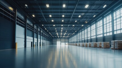 Spacious industrial warehouse interior with high ceilings, natural light, and organized storage for efficient logistics operations.