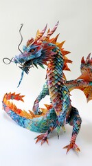 Intricate multicolored origami dragon sculpture with vibrant scales and a dynamic pose, showcasing intricate paper art craftsmanship.