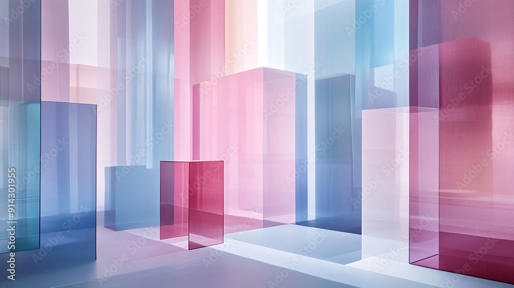 Poster abstract cityscape with clean geometric building shapes and soft pastel colors for a modern minimali