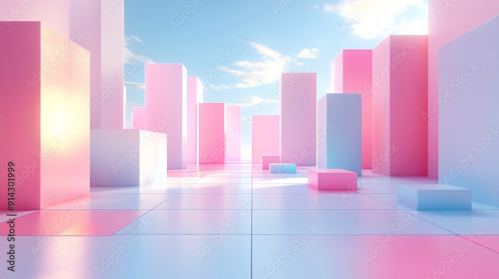 Poster abstract cityscape with clean geometric building shapes and soft pastel colors for a modern minimali