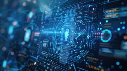 Fototapeta premium Symbolizing cybersecurity, data protection, and information security, an abstract digital illustration of glowing security locks is integrated into a cyber network.