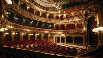 Classic opera house with ornate decor and empty balconies, prepared for the next act