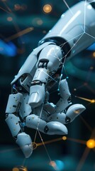 Representing advanced robotics and artificial intelligence technology, a close-up of a futuristic robotic hand shows intricate details and glowing elements.