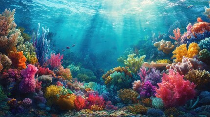 Coral garden with diverse species and bright hues, highlighting the richness of marine biodiversity